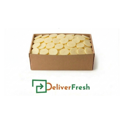 Box of sliced potato cakes with 'Deliver Fresh'