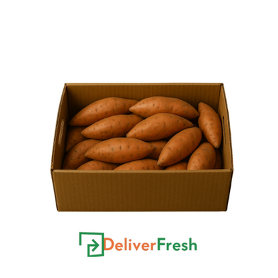 Box of sweet potatoes with 'Deliver Fresh' 
