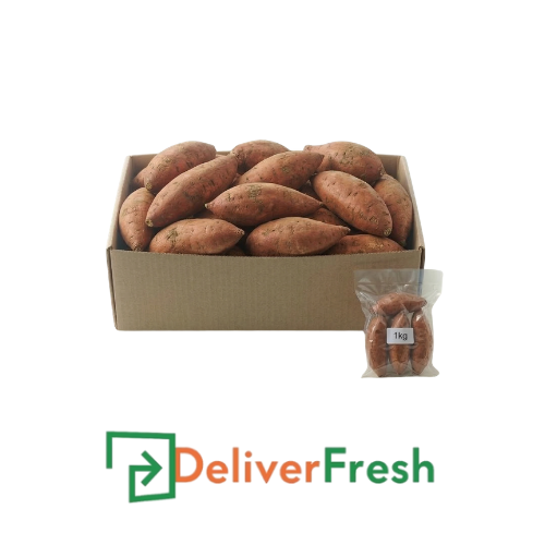 Box of gold sweet potatoes with a smaller bag of sweet potatoes in front, branded with DeliverFresh.