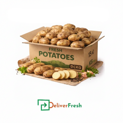 Box of Russet potatoes with 'Fresh & Tasty' and 'Deliver Fresh'