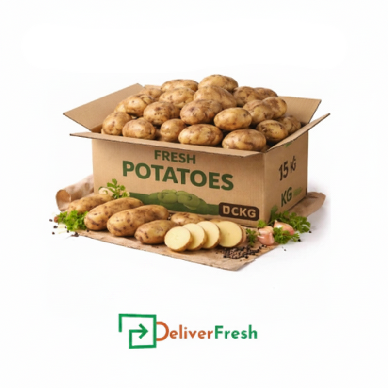 Box of Russet potatoes with 'Fresh & Tasty' and 'Deliver Fresh'