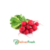Bunch of red radishes with green leaves on a white background, labeled 'Radish Red - Box (25 bunches)' and featuring the DeliverFresh