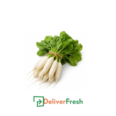 Bunch of white radishes with green leaves on a white background, labeled 'Radish White - (1Kg)' and featuring the DeliverFresh 