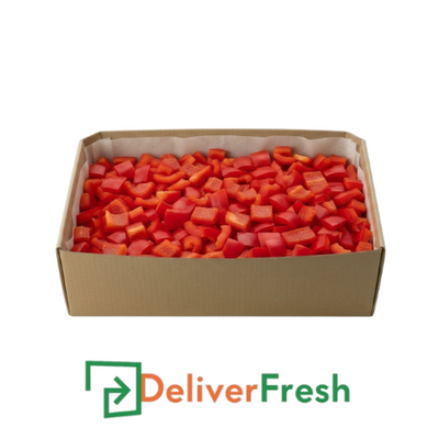 Box of diced red capsicum with 'Deliver Fresh' 