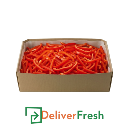 Box of sliced red peppers with 'Deliver Fresh' 
