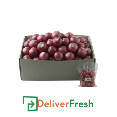 Box of peeled red pickling onions with DeliverFresh 