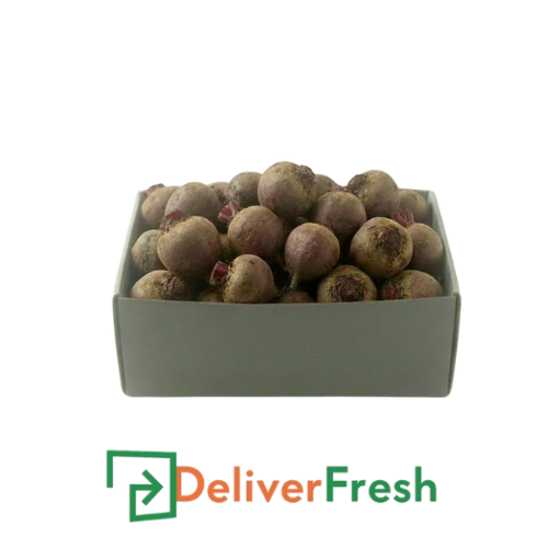 Box of red whole beetroots with 'Deliver Fresh' 