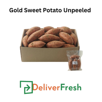 Box of gold sweet potatoes with a smaller bag of sweet potatoes in front, branded with DeliverFresh.
