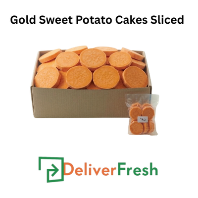 Box of sliced gold sweet potato cakes with a small bag of slices, branded with DeliverFresh.