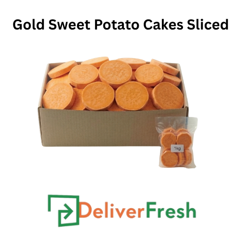 Box of sliced gold sweet potato cakes with a small bag of slices, branded with DeliverFresh.