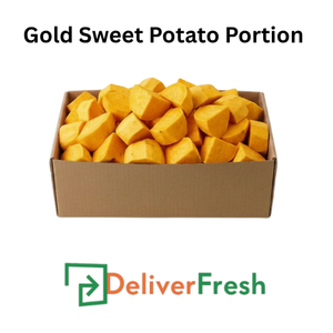 Box of gold sweet potatoes with 'Deliver Fresh' 