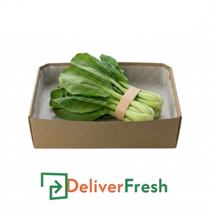 Bunch of Shanghai Bok Choy in a cardboard box with DeliverFresh logo.