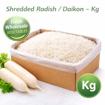 Fresh shredded daikon radish sold per kilogram, wholesale vegetables in bulk box on white background