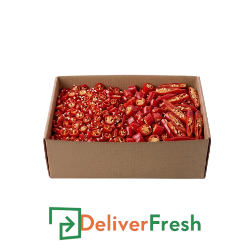 Box of shredded red chilies with 'Deliver Fresh' 