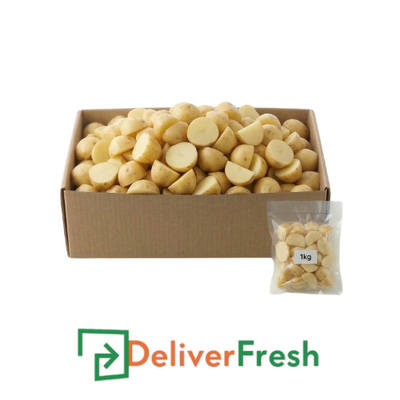 Box of small peeled potatoes with a smaller bag of potatoes and 'Deliver Fresh' 