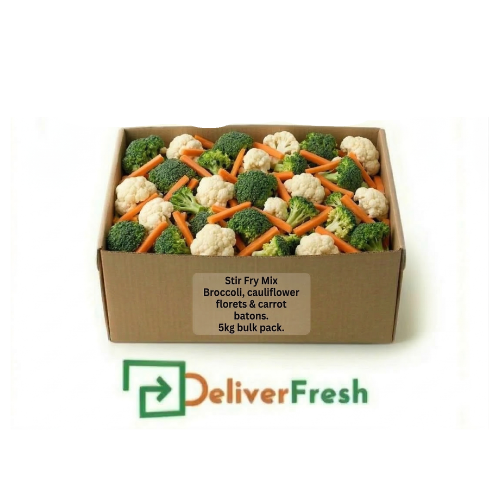 Box of stir fry mix with broccoli, cauliflower, and carrots, branded with DeliverFresh.