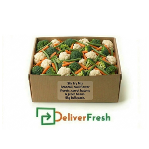 Box of stir fry mix with broccoli, cauliflower, carrots, and green beans, branded with DeliverFresh.