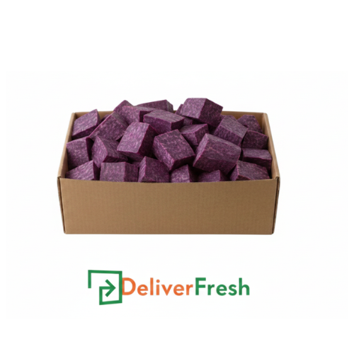 Box of purple sweet potato portions with 'Deliver Fresh' 