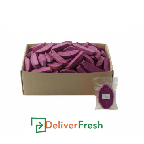 Box of sweet potato wedges with a smaller bag of sweet potato wedges and 'Deliver Fresh' 