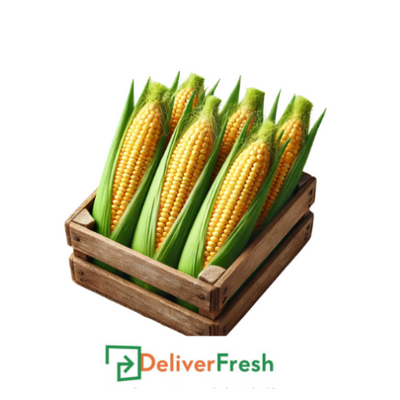 Wooden crate with sweet corn and 'Deliver Fresh'