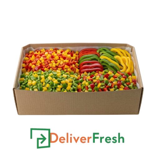 Box of assorted frozen vegetables with 'Deliver Fresh'