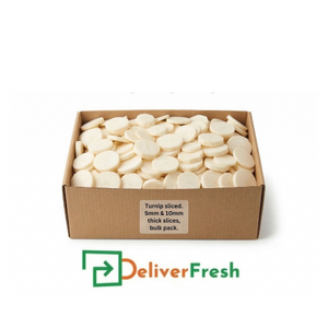 Box of sliced turnips with 'Deliver Fresh' 