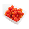 Clear plastic container filled with small red tomatoes