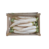 A wooden crate containing fresh white radishes with green stems.