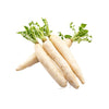 A bunch of fresh white radishes with green stems.