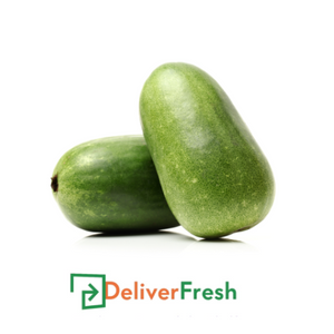 Two green winter melons on a white background with 'Deliver Fresh' 