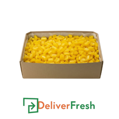 Box of diced yellow capsicum with 'Deliver Fresh' 