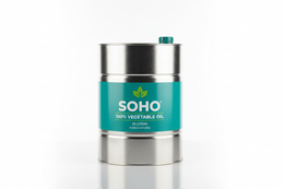 A 20L metal container of SOHO 100% Vegetable Oil with a teal label and cap.