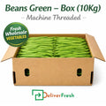 Fresh machine-threaded green beans packed in a 10kg wholesale box