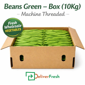 Fresh machine-threaded green beans packed in a 10kg wholesale box