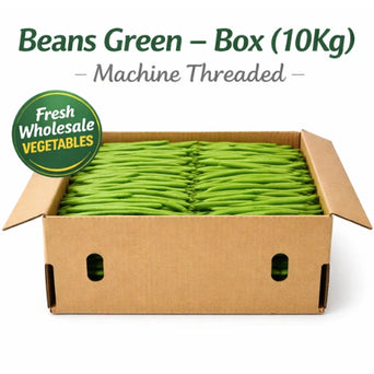 Machine-threaded green beans neatly packed in a 10kg box for wholesale supply