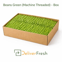 Machine threaded green beans packed in a box supplied by DeliverFresh