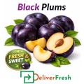 Black plums with DeliverFresh branding, fresh and sweet fruit suitable for retail, cafés, and home consumption