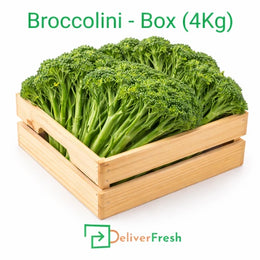 Fresh broccolini box 4kg from DeliverFresh, premium tender stem broccoli packed in wooden crate for retail and wholesale vegetable supply