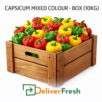 Fresh mixed colour capsicum box 10kg with red yellow and green bell peppers from DeliverFresh
