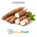 Fresh cassava roots with DeliverFresh logo, premium quality cassava for wholesale and retail supply