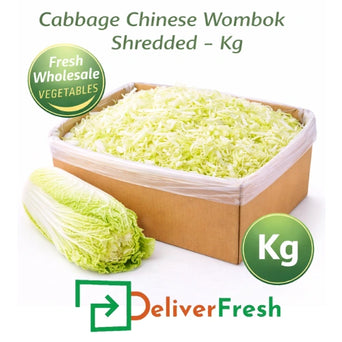 Shredded Chinese wombok cabbage per kilogram with DeliverFresh branding, wholesale vegetables in box packaging