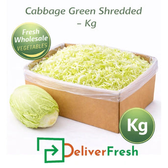 Shredded green cabbage per kilogram with DeliverFresh branding, wholesale vegetables in box packaging