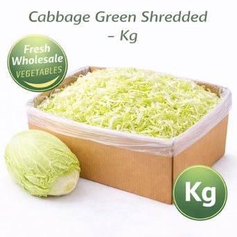 Shredded green cabbage per kilogram with DeliverFresh branding, wholesale vegetables in box packaging