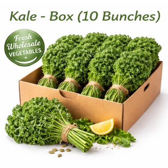 Curly kale bunches in a 10-bunch box for food service and wholesale vegetable supply