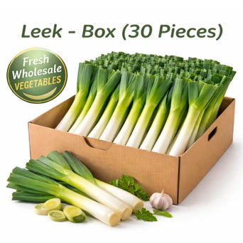 Premium leek vegetables in a 30-piece box for food service and wholesale supply