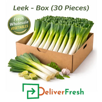 Fresh leeks packed in a box of 30 pieces, premium wholesale vegetables arranged neatly