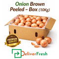 Peeled brown onions packed in 10kg box with DeliverFresh branding for wholesale and catering use