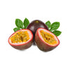 Passion fruit cut in half with green leaves on a white background
