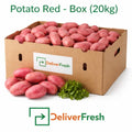 Fresh red potatoes packed in a 20kg box on a pure white background by DeliverFresh