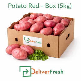 Fresh red potatoes packed in a 5kg box on a pure white background by DeliverFresh